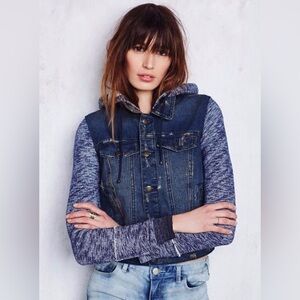 Free People distressed denim knit hooded jacket